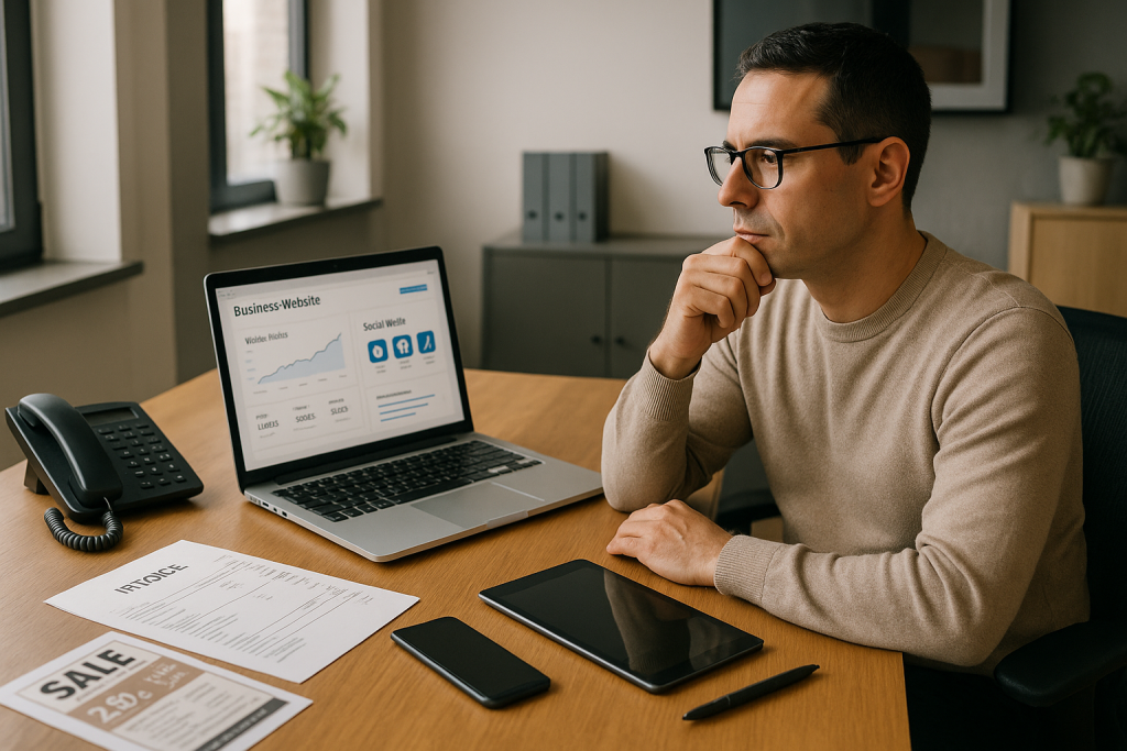 A small business owner in a modern office sits at a wooden desk, looking thoughtfully at a laptop displaying website analytics and social media dashboards, surrounded by both traditional paper documents and modern digital devices.