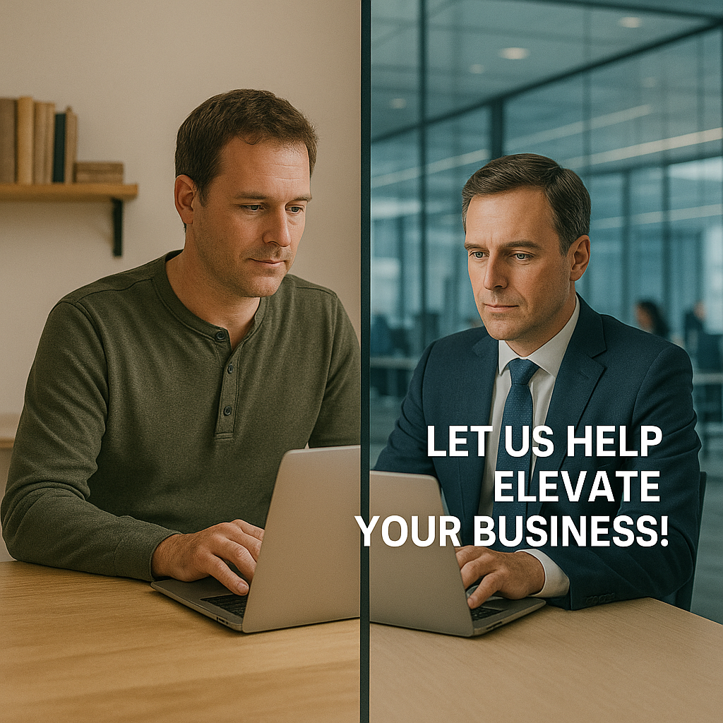 Split image showing a small business owner working from home contrasted with a professional corporate office, symbolizing how branding and digital presence make a small business look like a big company.
