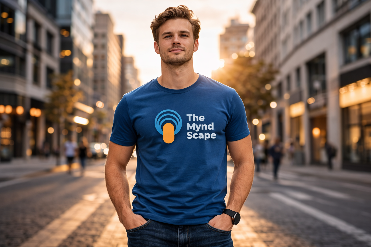Young professional wearing deep blue TheMyndScape branded t-shirt in modern urban street at golden hour