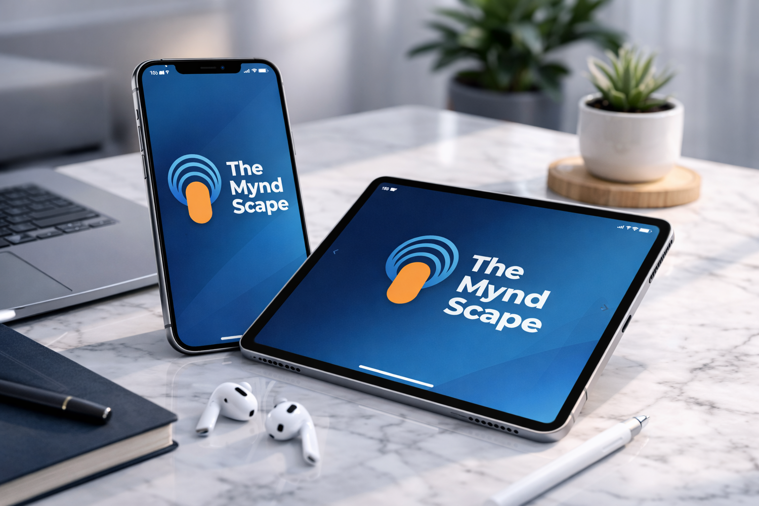 Latest model iPhone and iPad displaying TheMyndScape blue gradient brand screen on marble desk