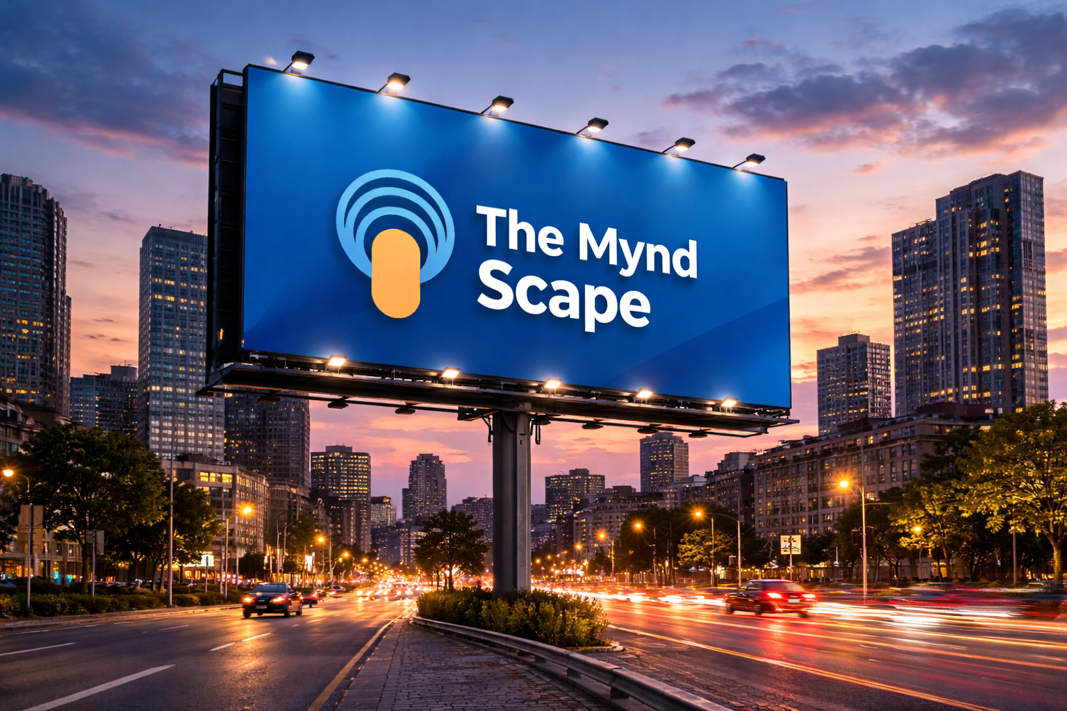 Large illuminated TheMyndScape billboard on modern city building at dusk