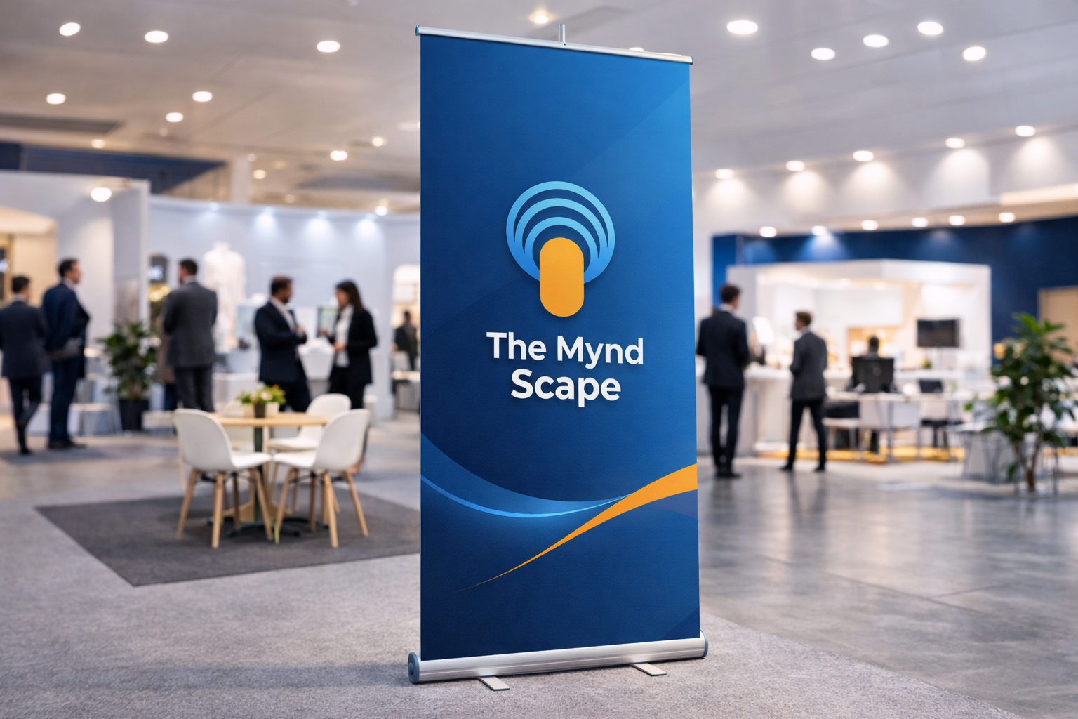 Premium retractable TheMyndScape roll-up banner in modern exhibition hall